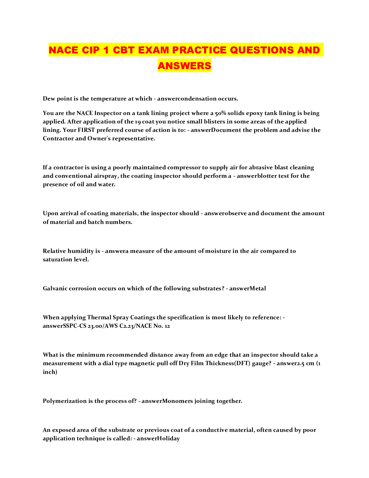 NACE CIP 1 CBT EXAM PRACTICE QUESTIONS AND ANSWERS Browsegrades